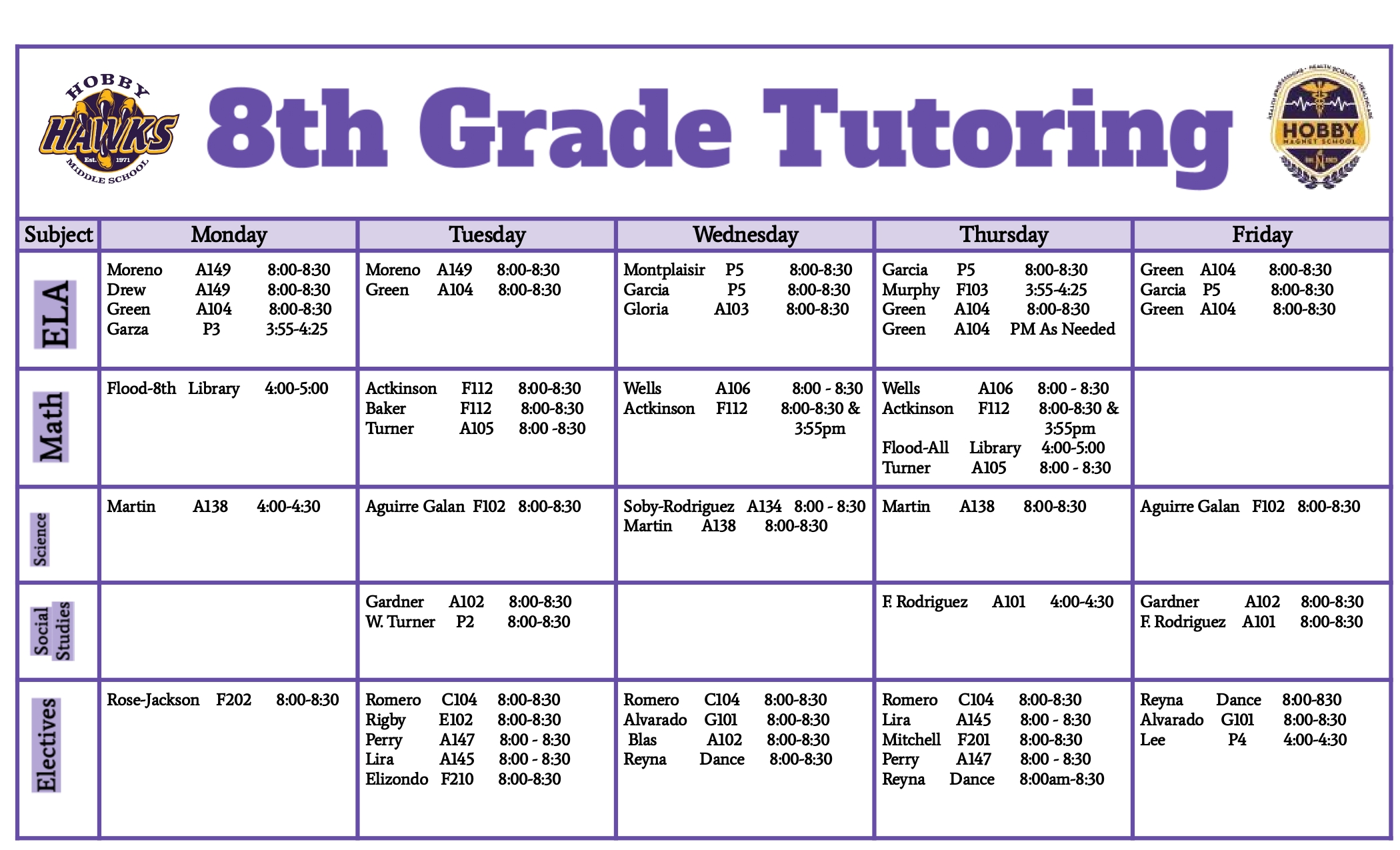 table of 8th grade tutoring at hobby. Purple title with black lettering stating times and locations for tutoring