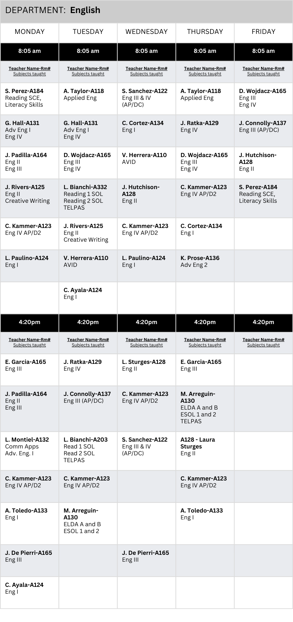 Tutoring Schedule For English