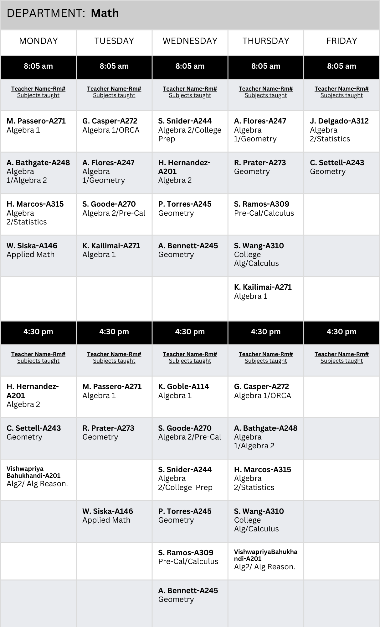 Tutoring Schedule for Math