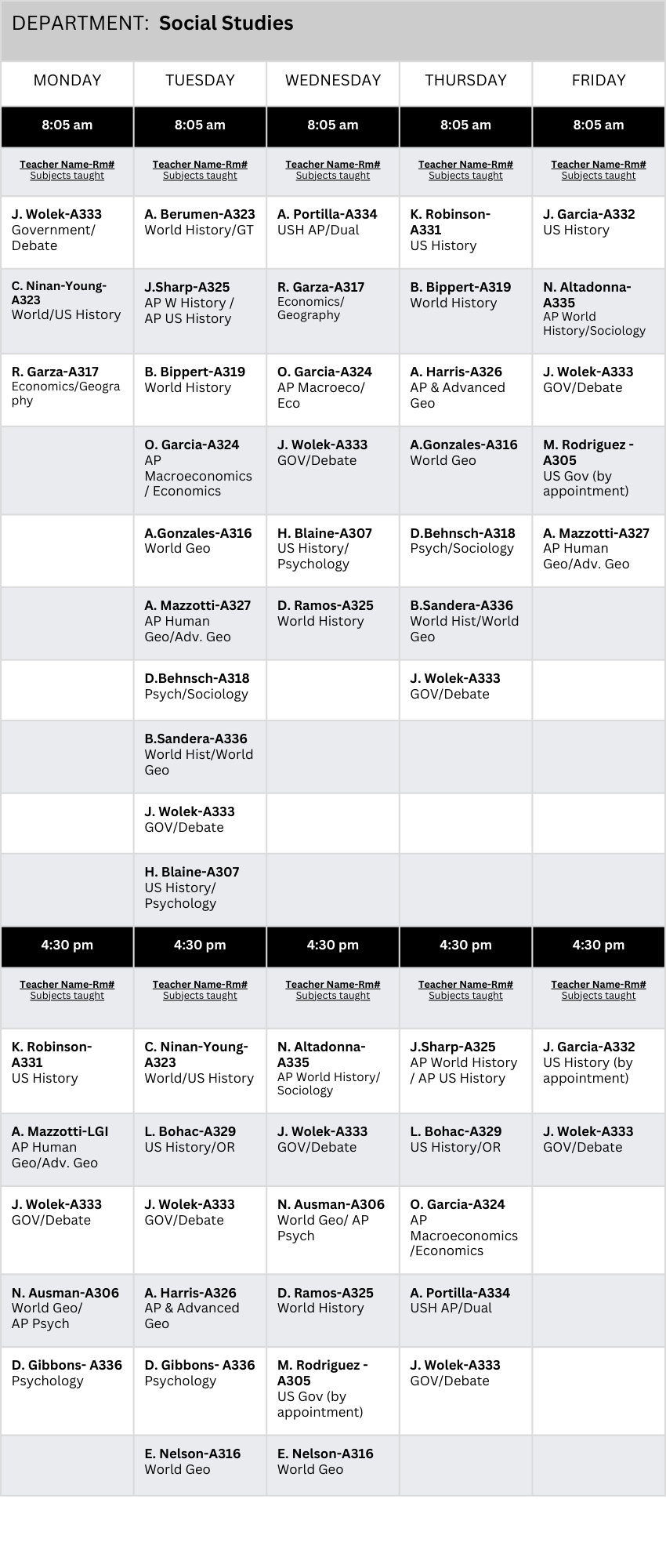 Tutoring Schedule for Social Studies