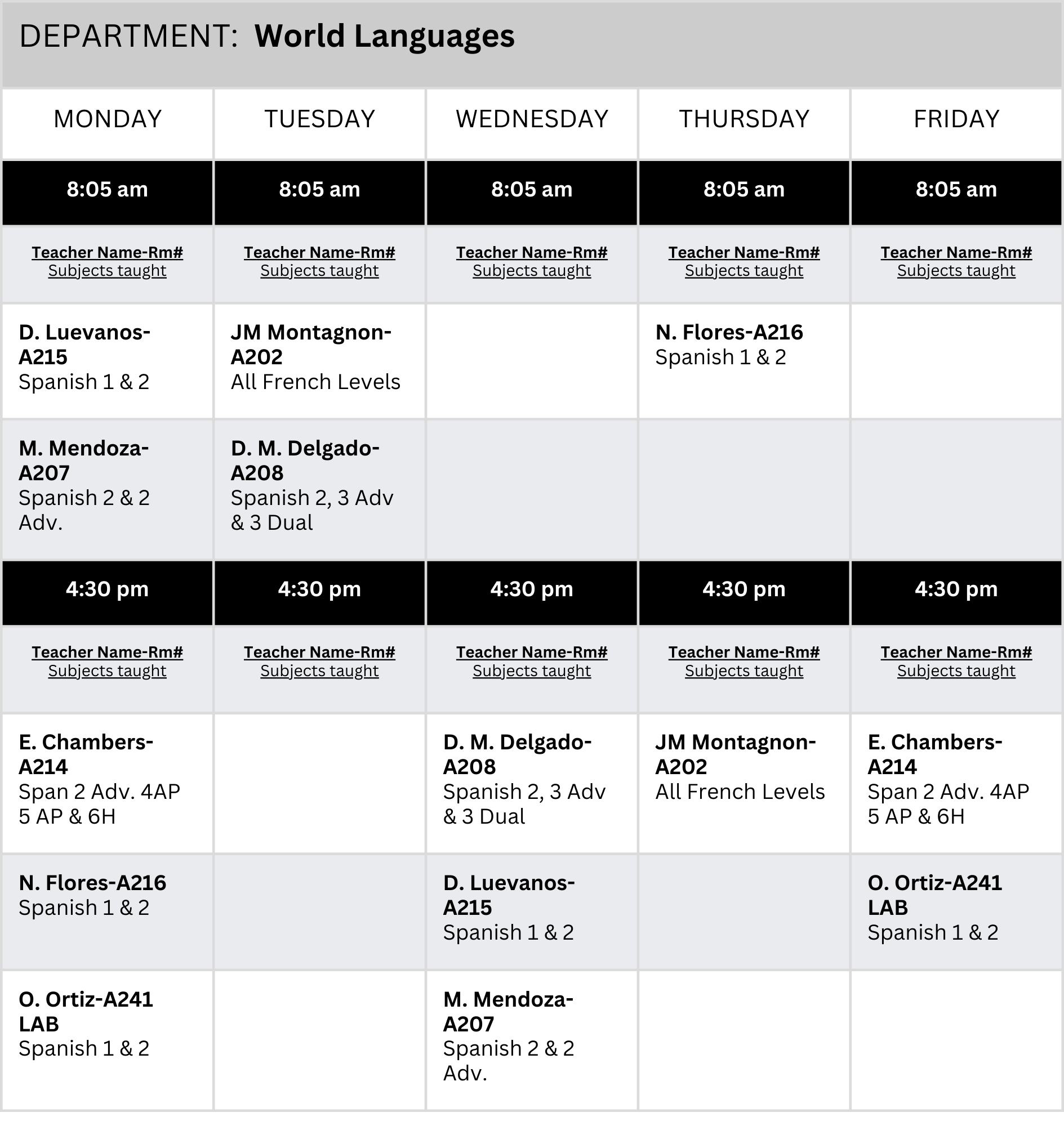 Tutoring Schedule for World Languages