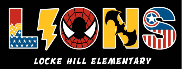 Digital image that reads Locke Hill Elementary and lions in super hero font