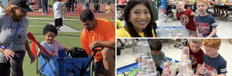 Pic collage of Beard Elementary students competing in the Special Olympics and Kinder students having fun stacking