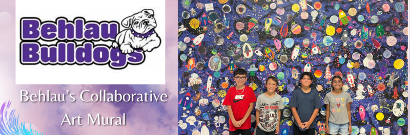 Behlau bulldog collabarotive art mural displayed with four Behlau students