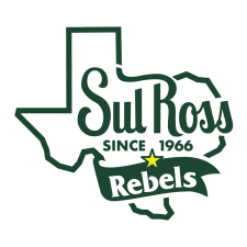 Sul Ross Middle School Logo: The outline of Texas in dark green on a white background. The word Rebels is on a banner in the foreground of Texas, with a yellow star where San Antonio is located.