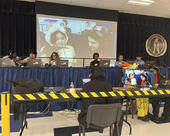 Pictured left to right: Sotomayor and Harlan Rocket League teams, and student broadcasters, Producer Willard Mancia Menjivar, and Shoutcasters Draven Torres and Tony Garza